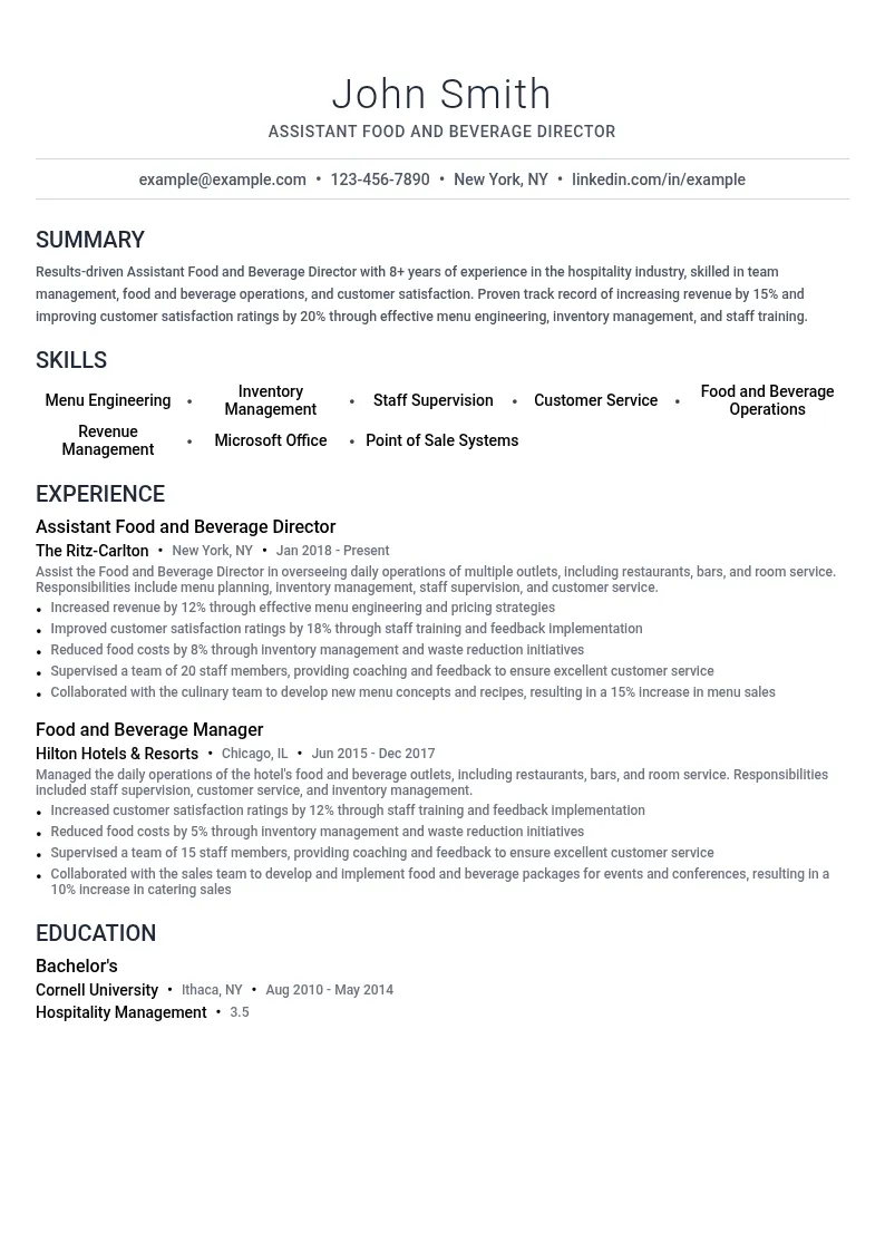 Assistant Food and Beverage Director resume example