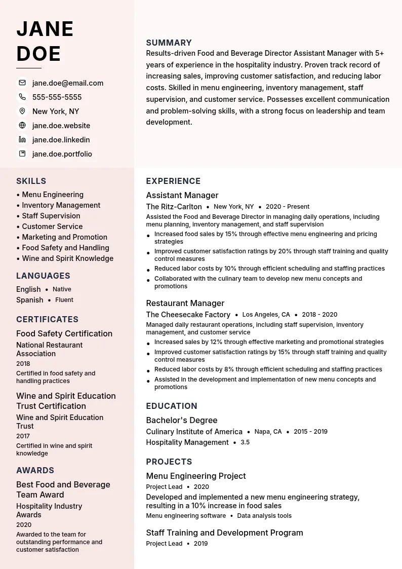 Food and Beverage Director Assistant Manager resume example
