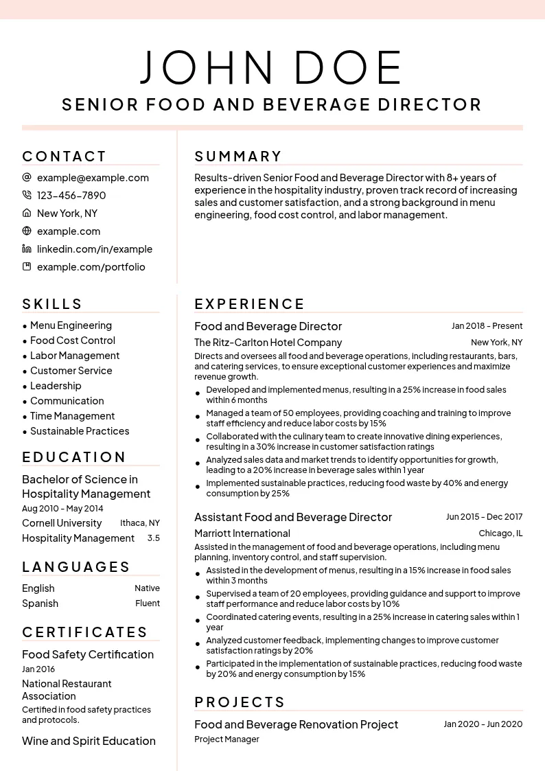 Senior Food and Beverage Director resume example