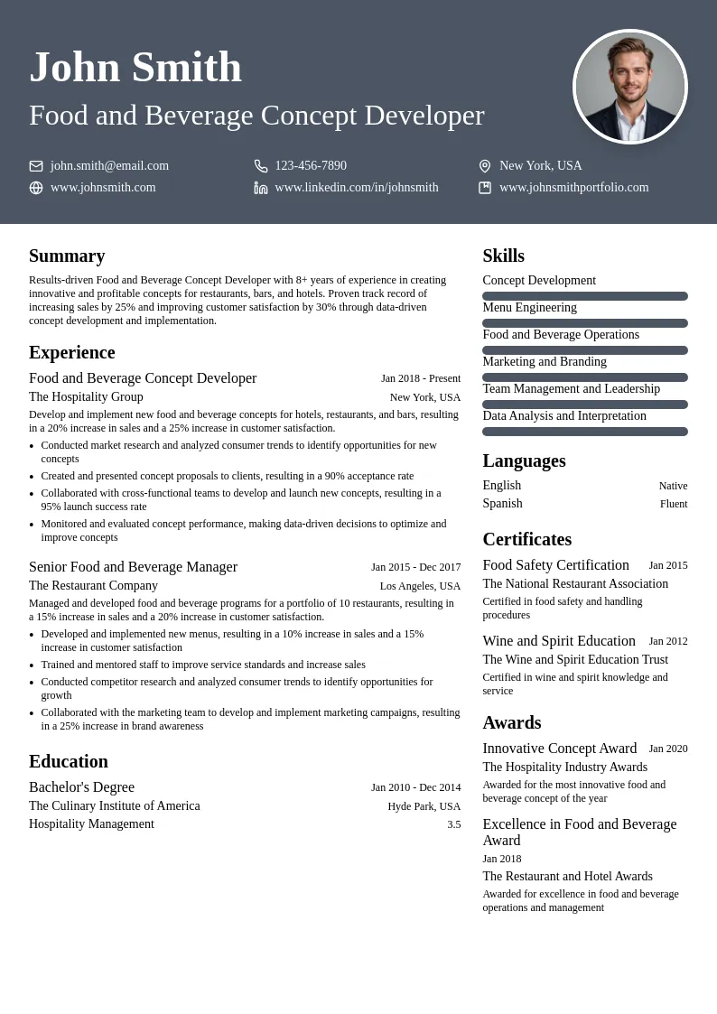 Food and Beverage Concept Developer resume example