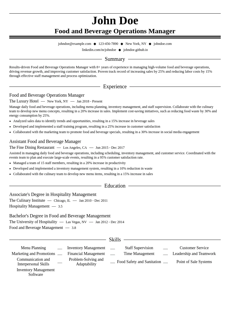 Food and Beverage Operations Manager resume example