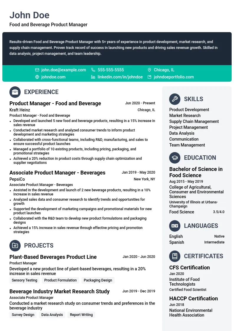 Food and Beverage Product Manager resume example