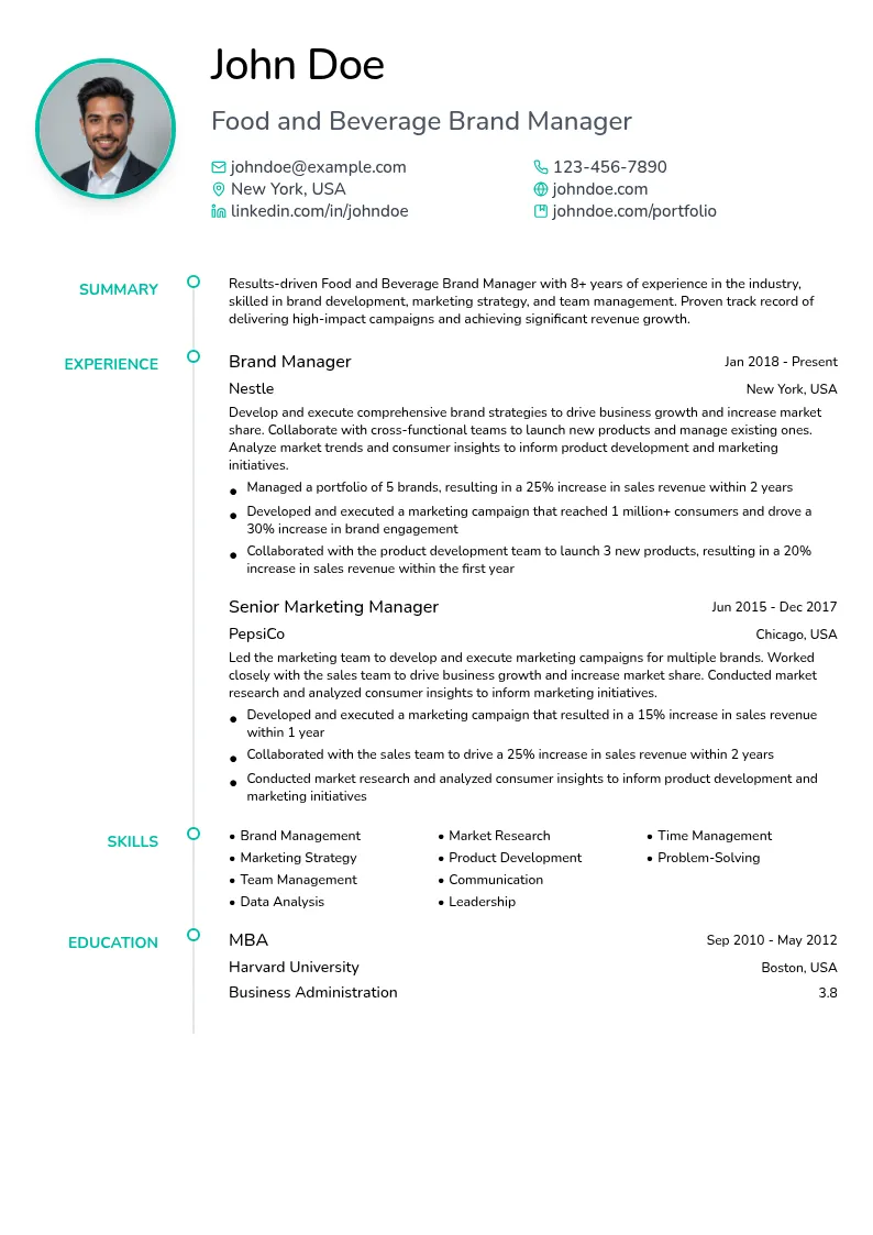 Food and Beverage Brand Manager resume example