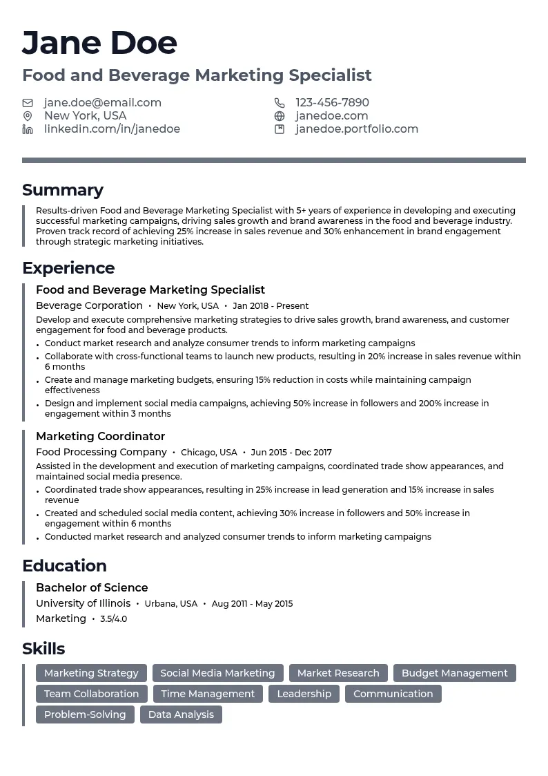 Food and Beverage Marketing Specialist resume example