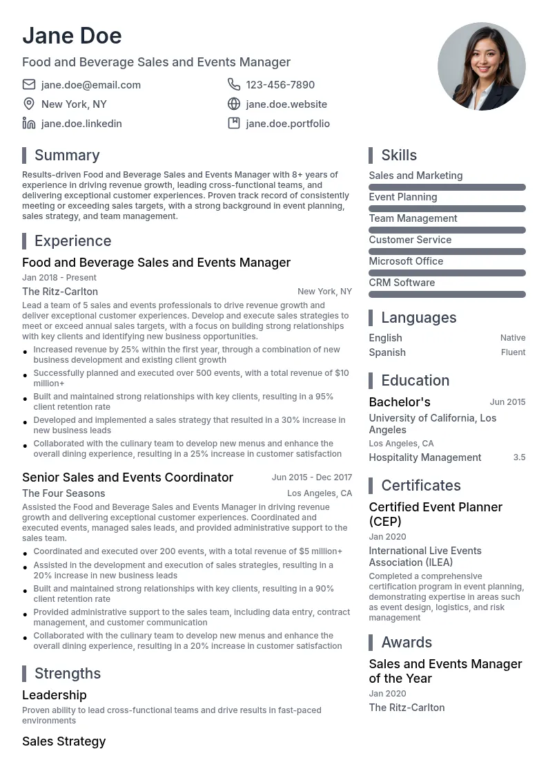 Food and Beverage Sales and Events Manager resume example