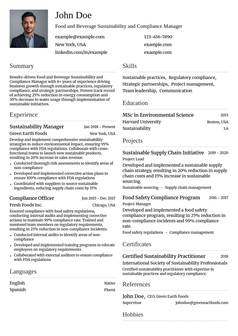Food and Beverage Sustainability and Compliance Manager resume example
