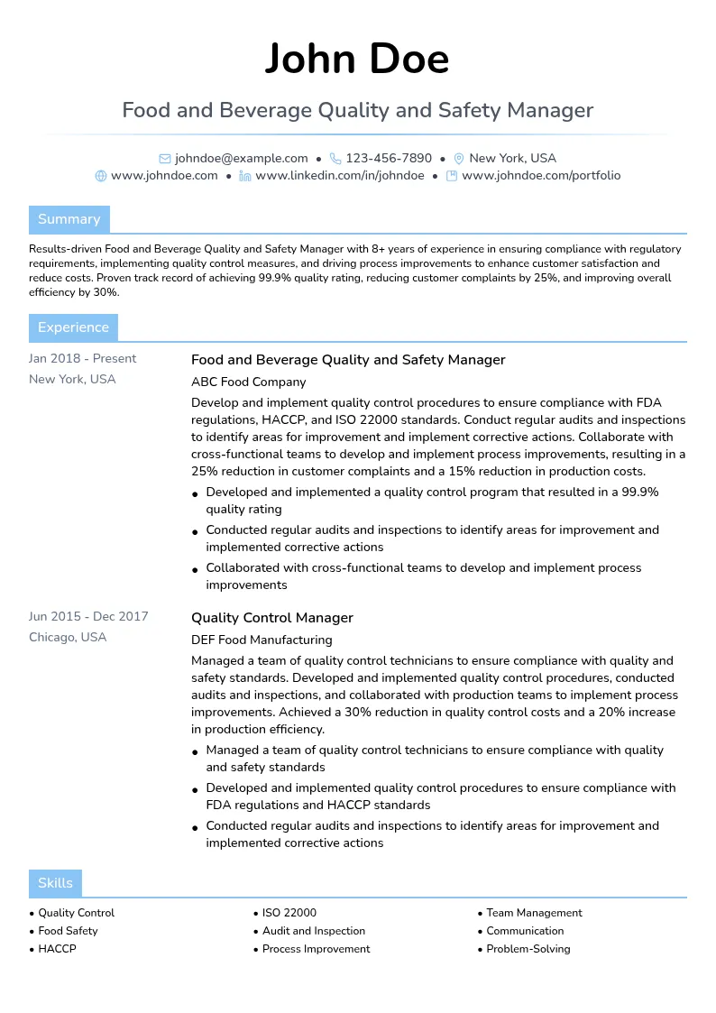 Food and Beverage Quality and Safety Manager resume example