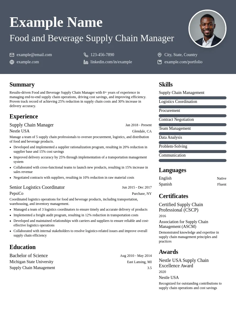 Food and Beverage Supply Chain Manager resume example