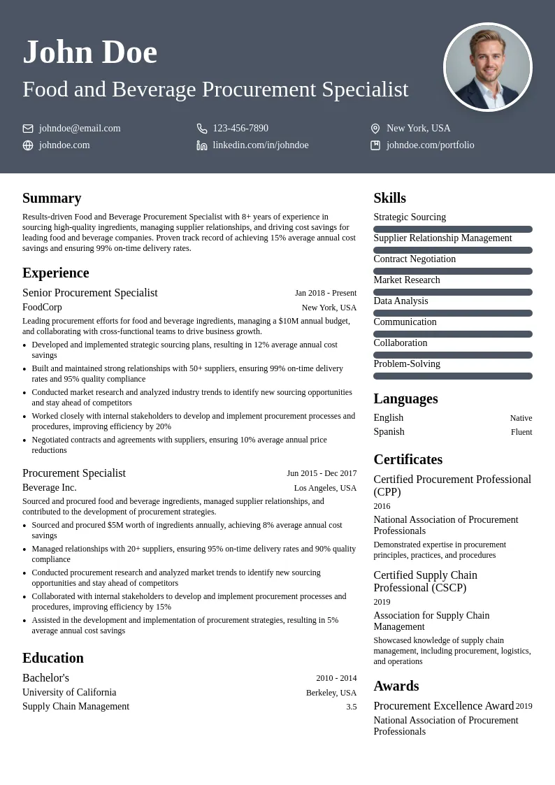 Food and Beverage Procurement Specialist resume example