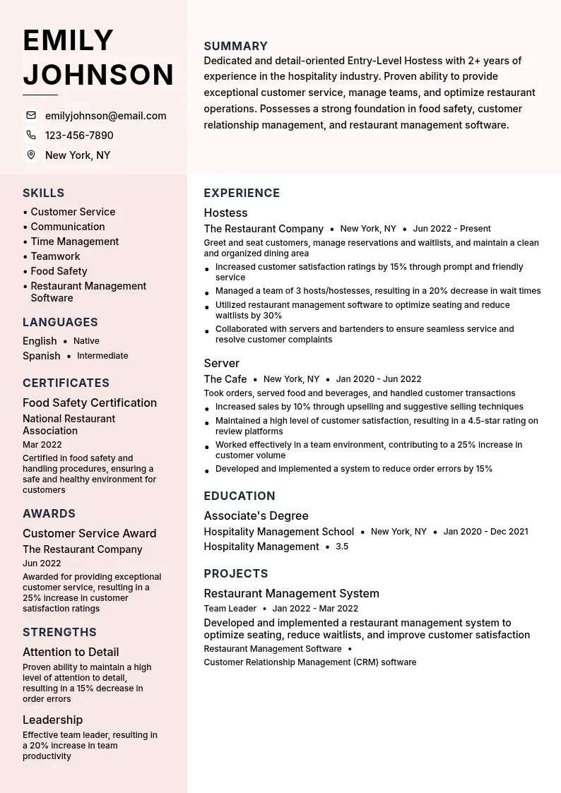 Entry-Level Hostess resume example