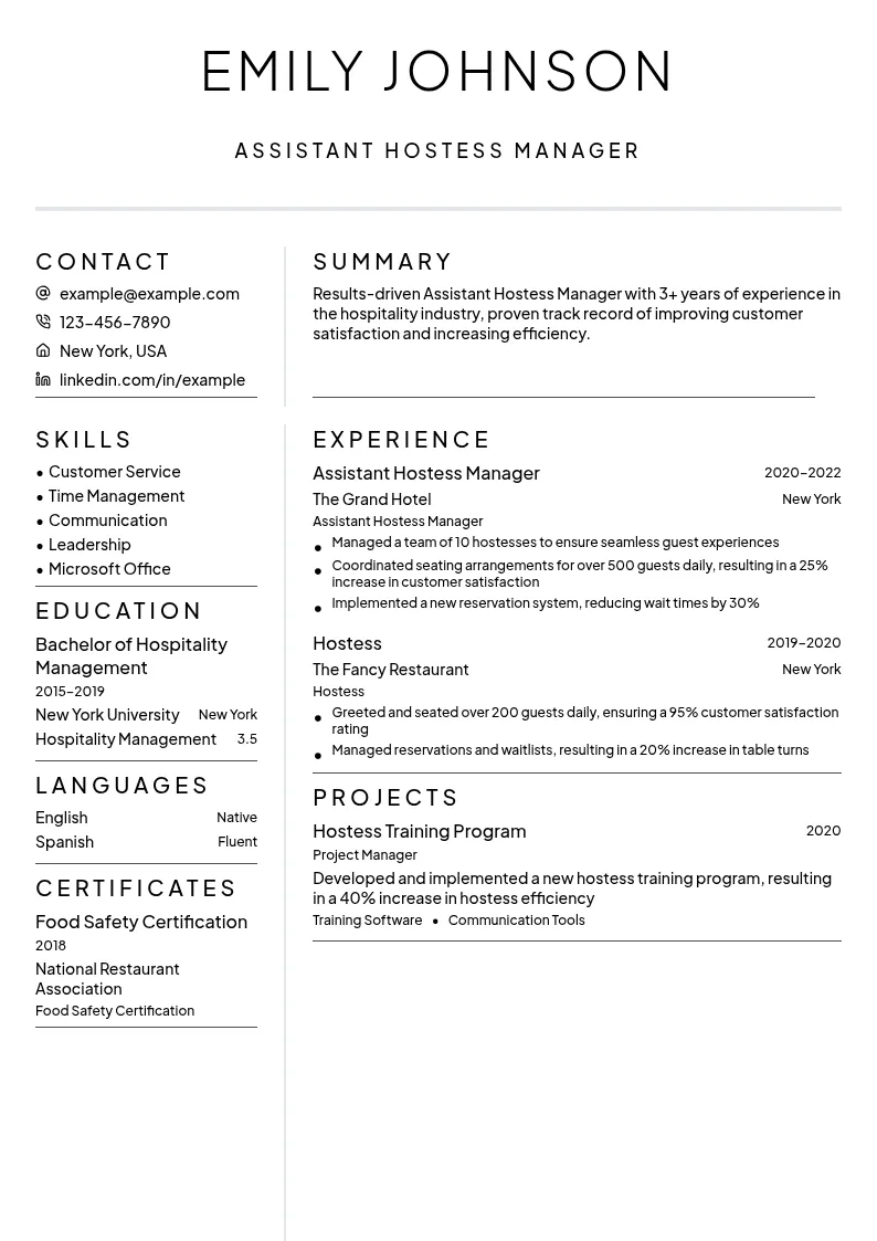 Assistant Hostess Manager resume example