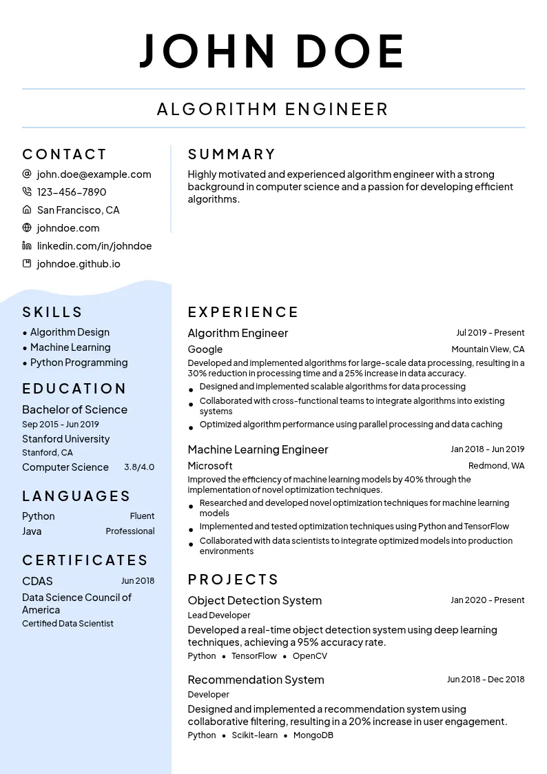 Algorithm Engineer resume example
