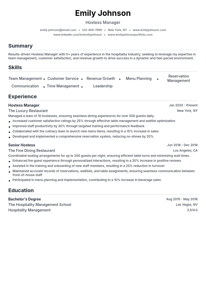 Hostess Manager resume example