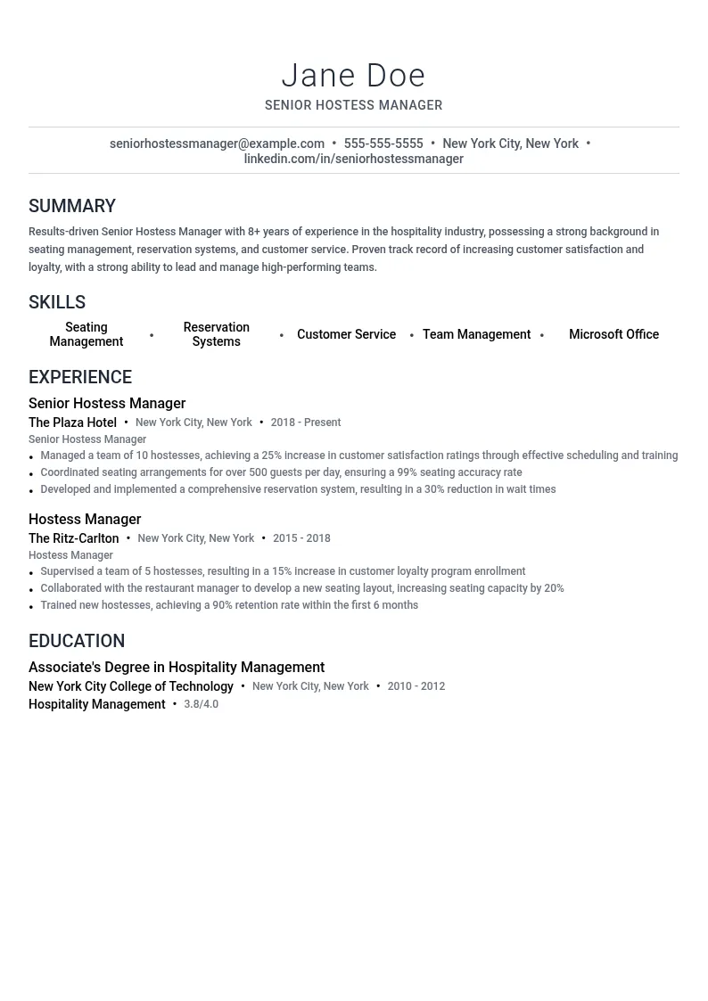 Senior Hostess Manager resume example