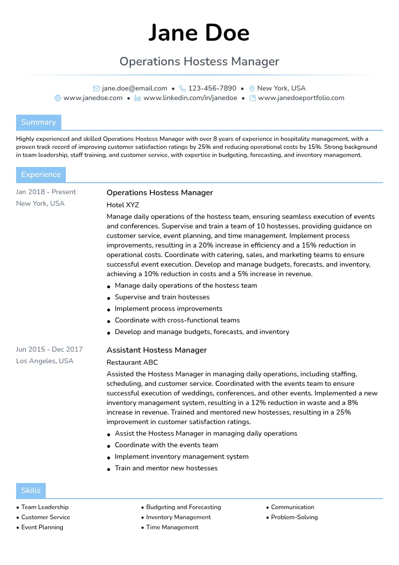 Operations Hostess Manager resume example