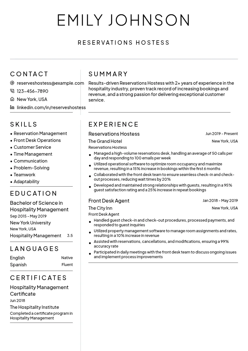 Reservations Hostess resume example
