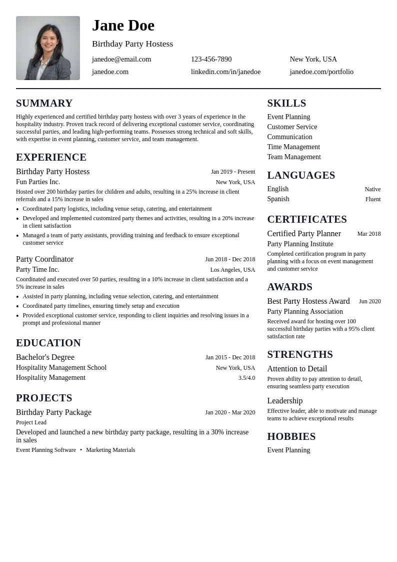 Birthday Party Hostess resume example
