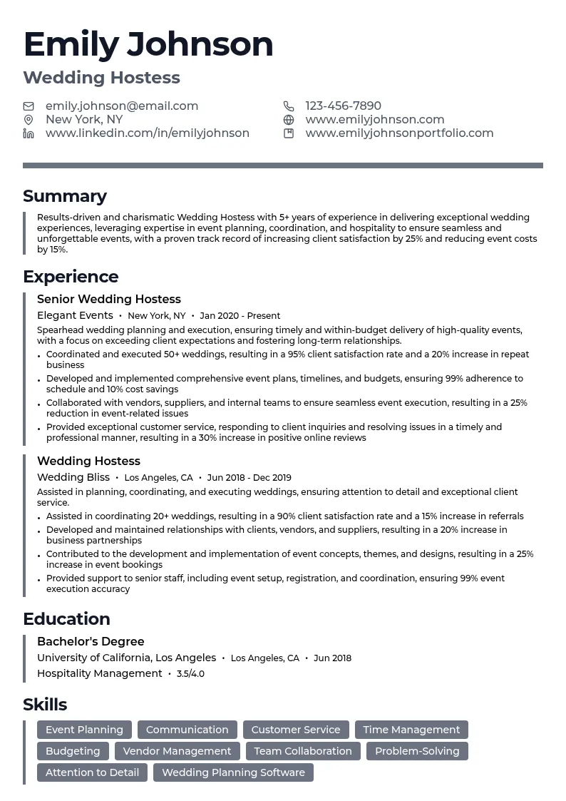 Wedding Hostess resume example