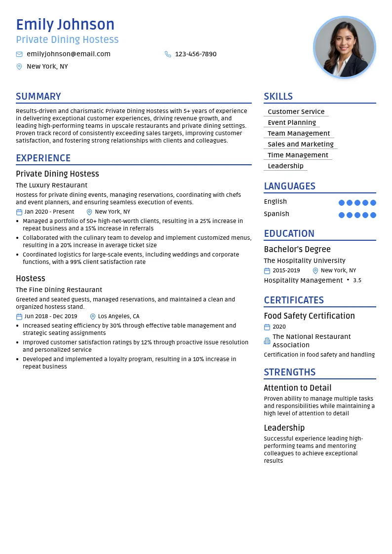 Private Dining Hostess resume example