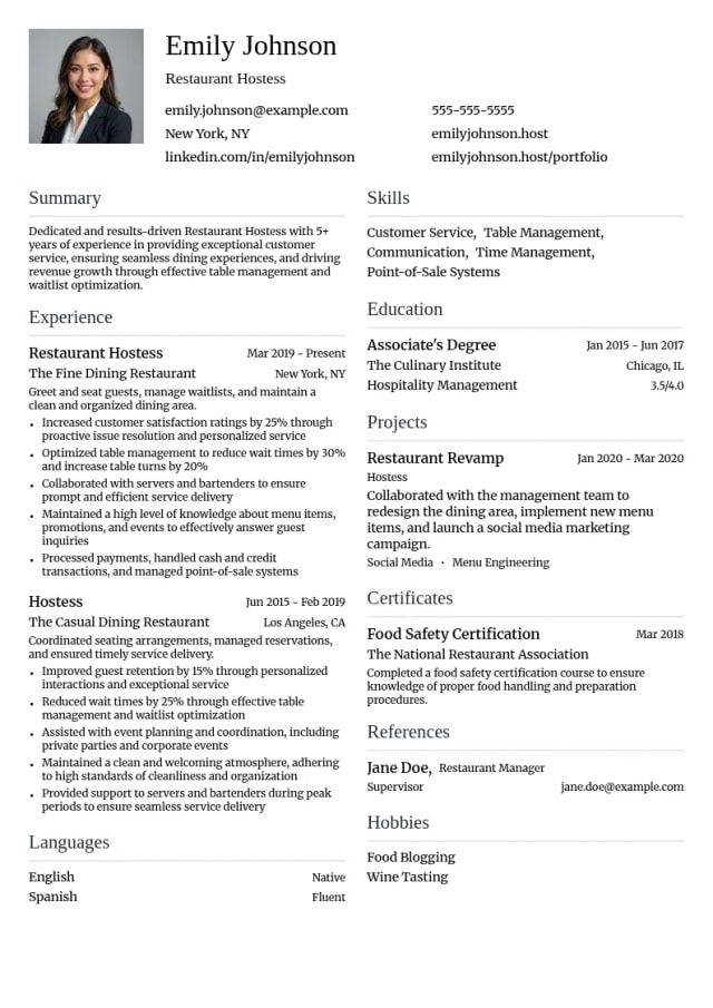 Restaurant Hostess resume example
