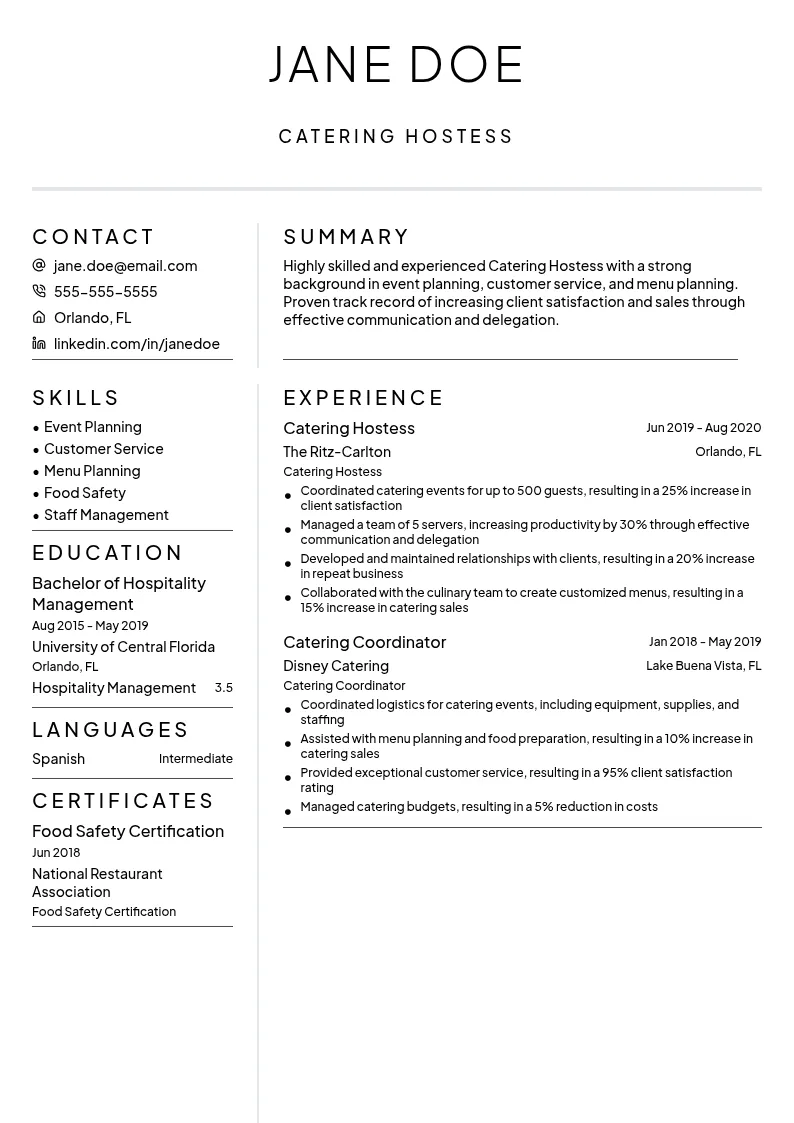 Catering Hostess resume example