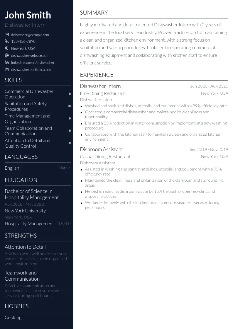Dishwasher Intern resume example