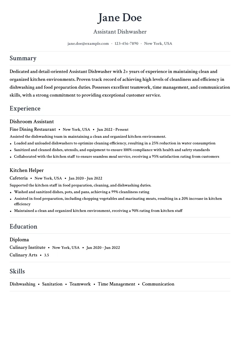 Assistant Dishwasher resume example