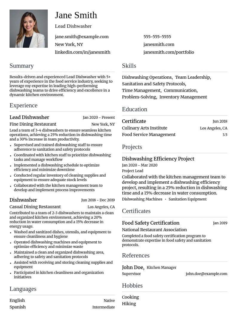 Lead Dishwasher resume example
