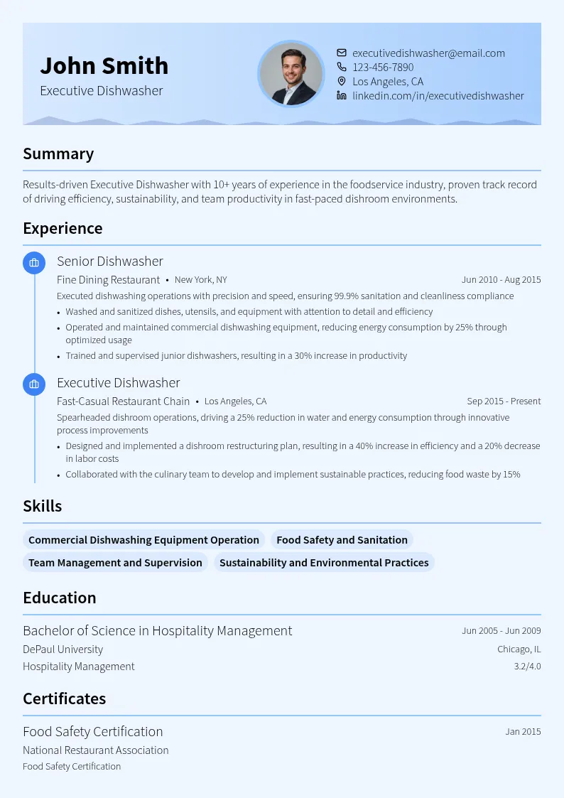 Executive Dishwasher resume example