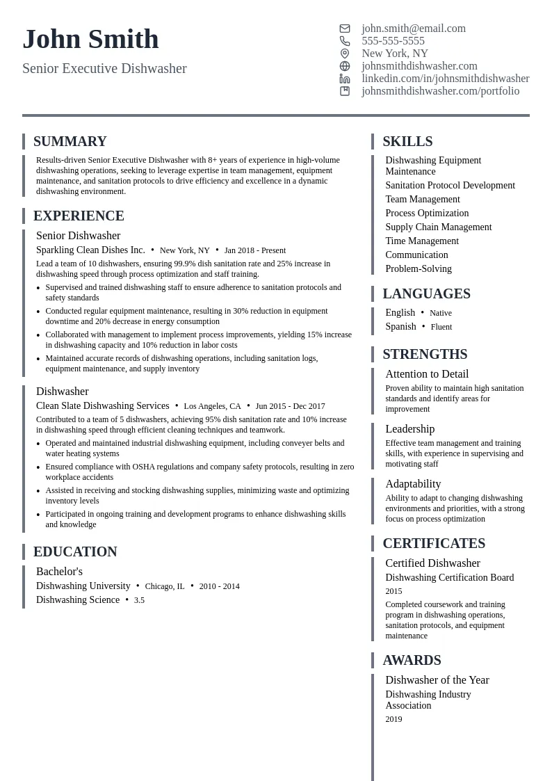 Senior Executive Dishwasher resume example