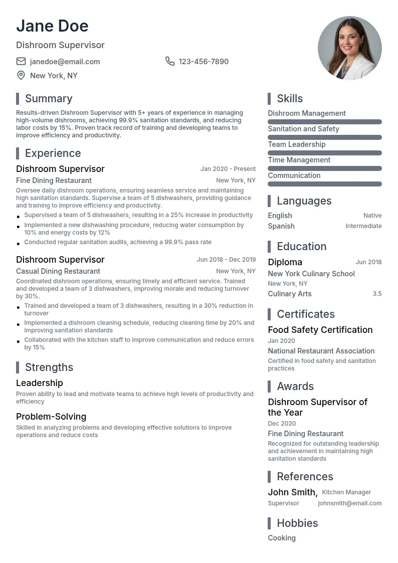 Dishroom Supervisor resume example