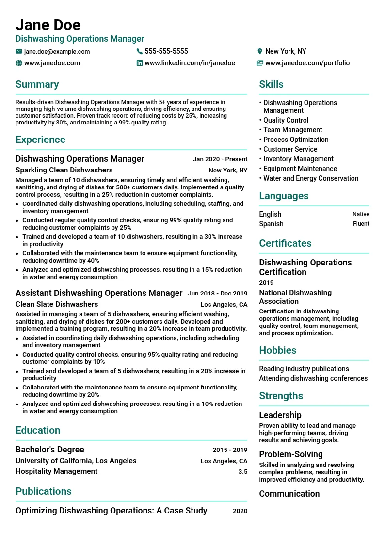 Dishwashing Operations Manager resume example