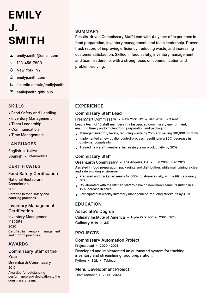 Commissary Staff Lead resume example