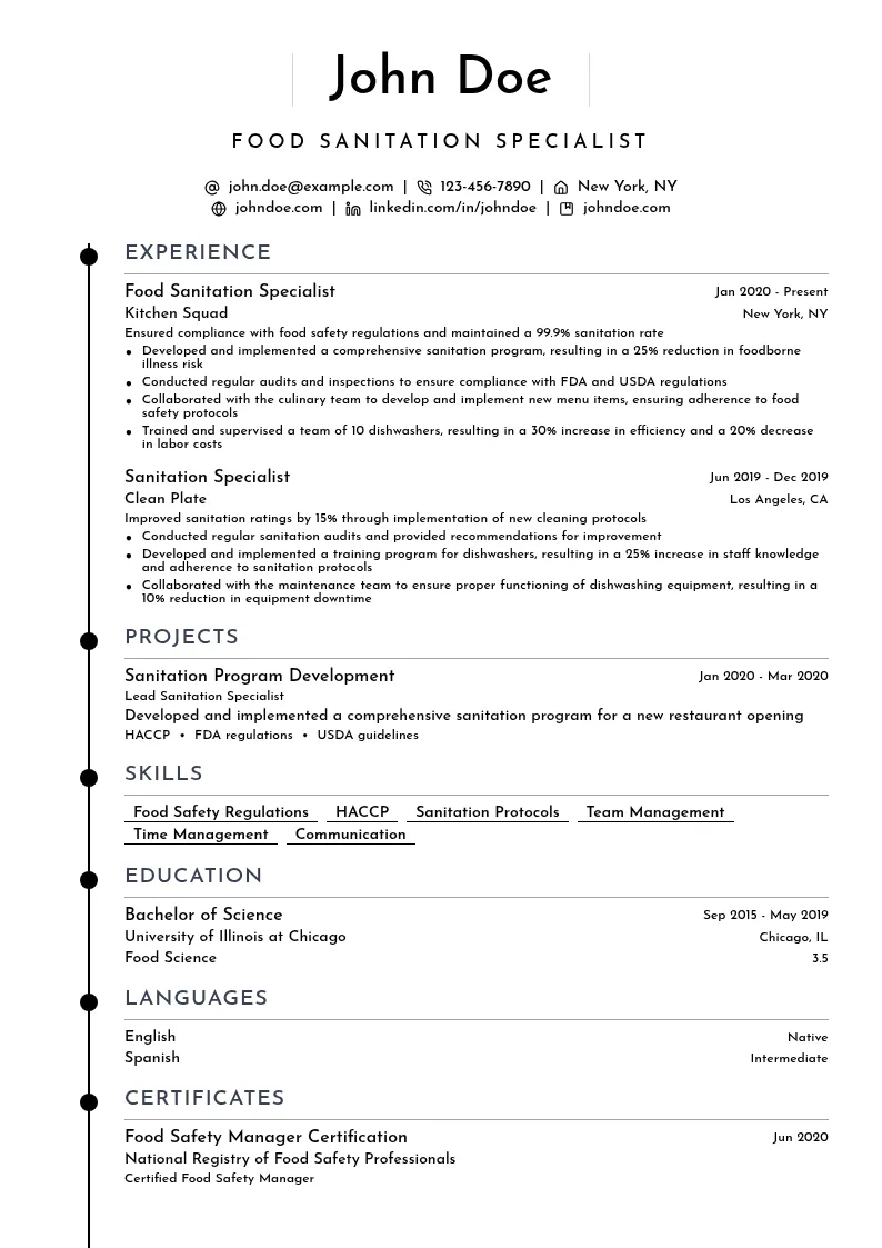 Food Sanitation Specialist resume example