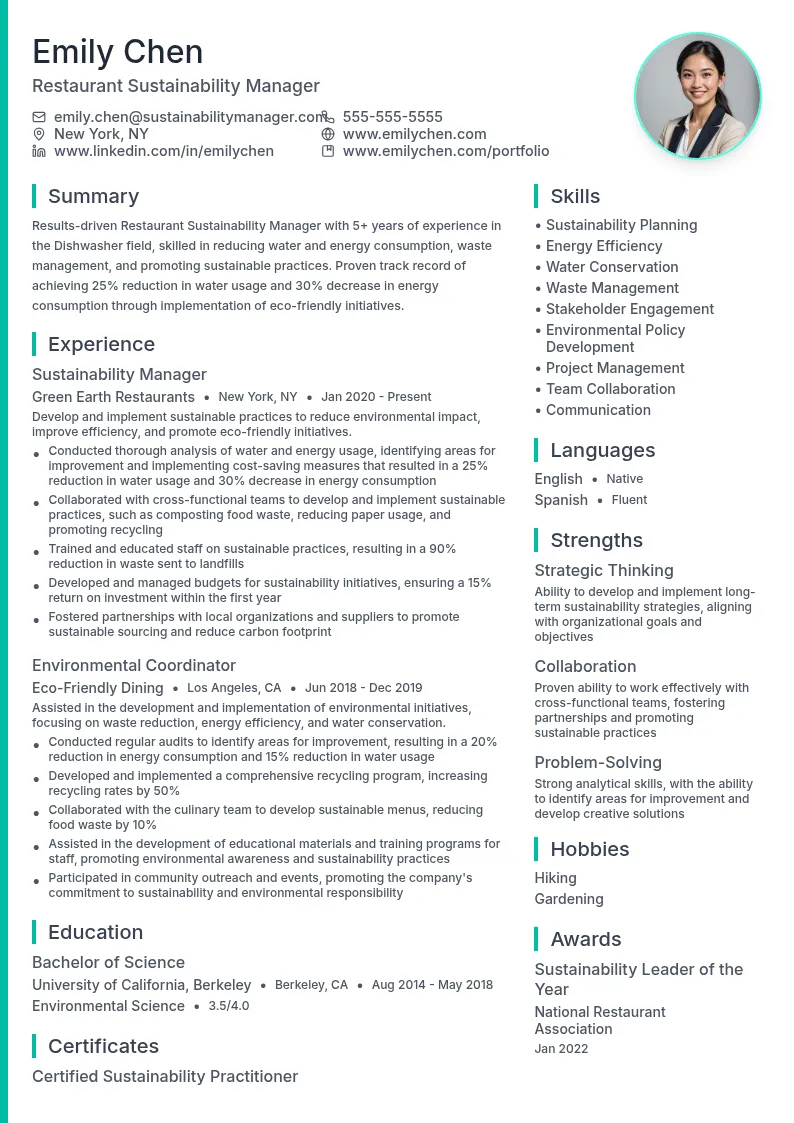 Restaurant Sustainability Manager resume example