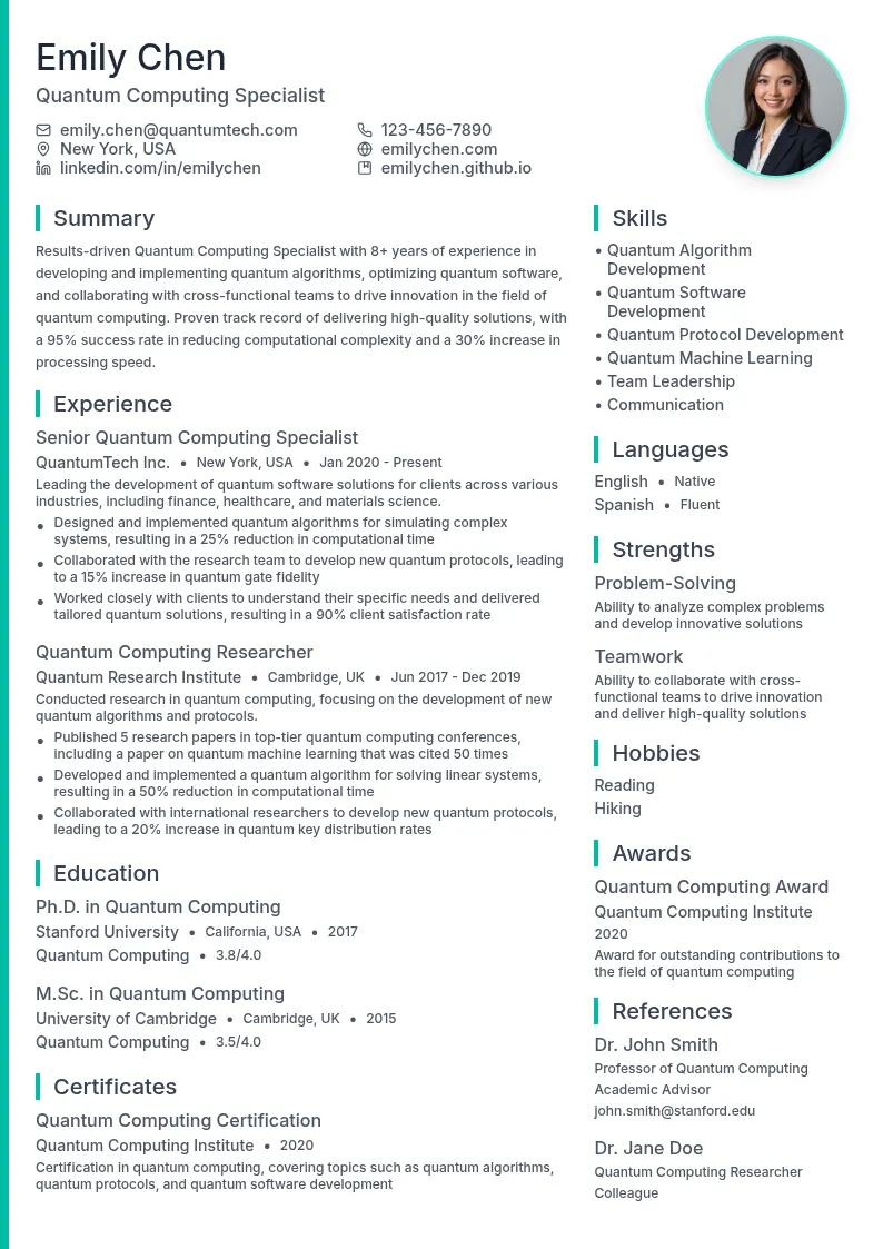 Quantum Computing Specialist resume example