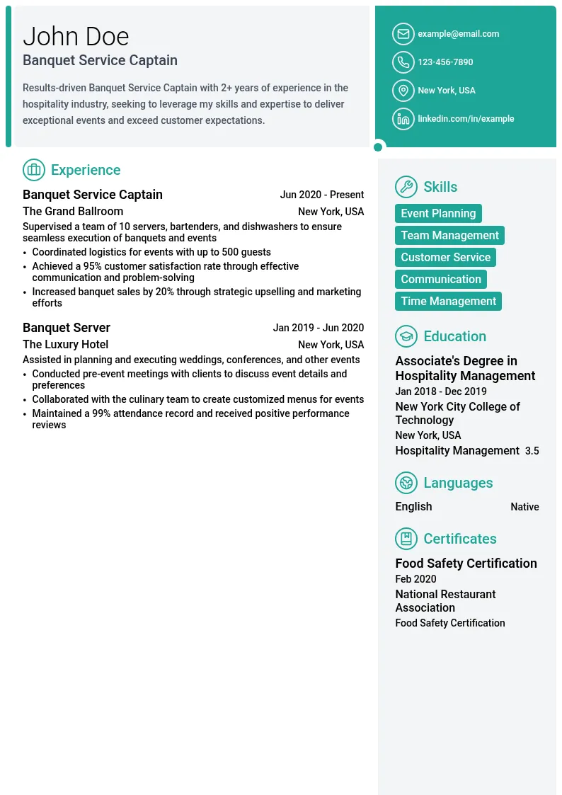 Banquet Service Captain resume example