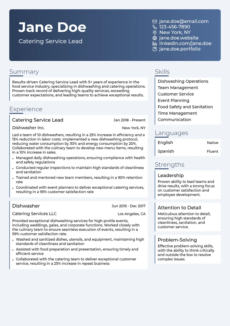 Catering Service Lead resume example