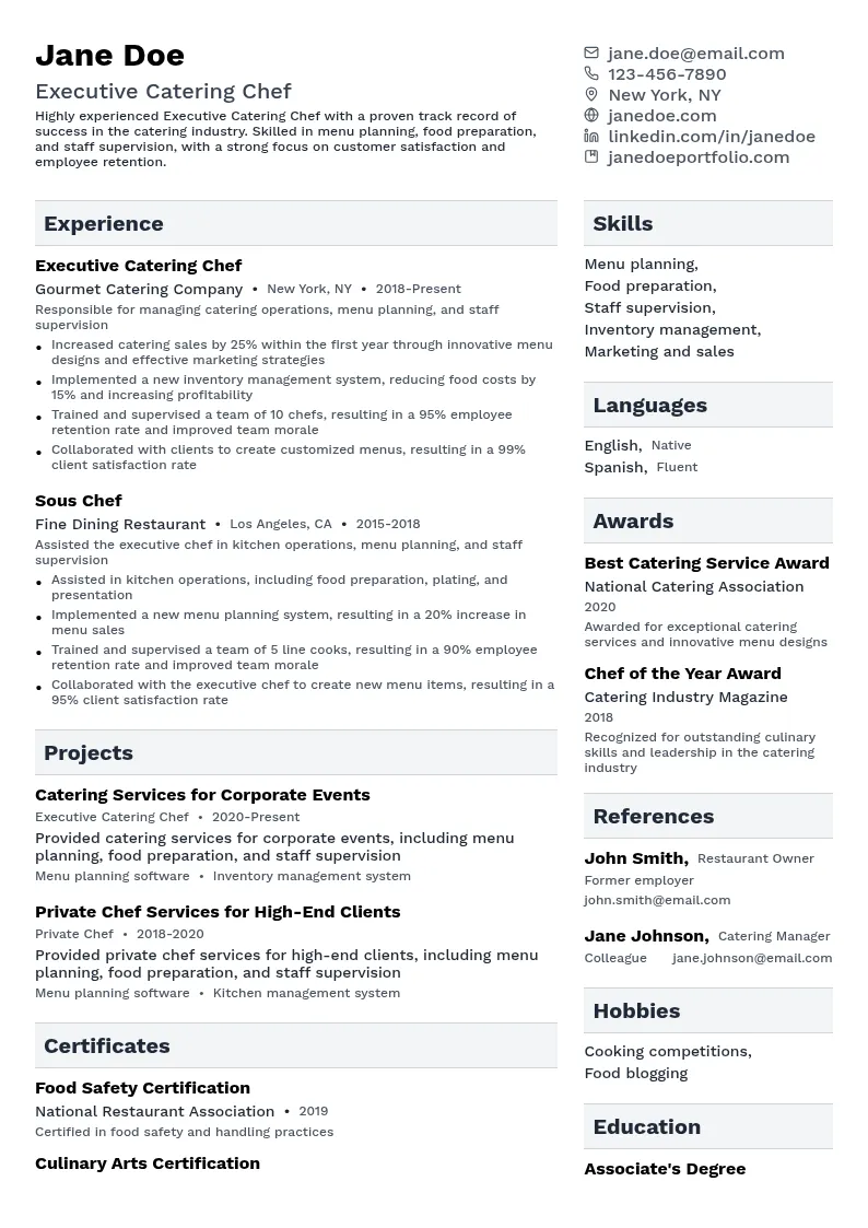 Executive Catering Chef resume example