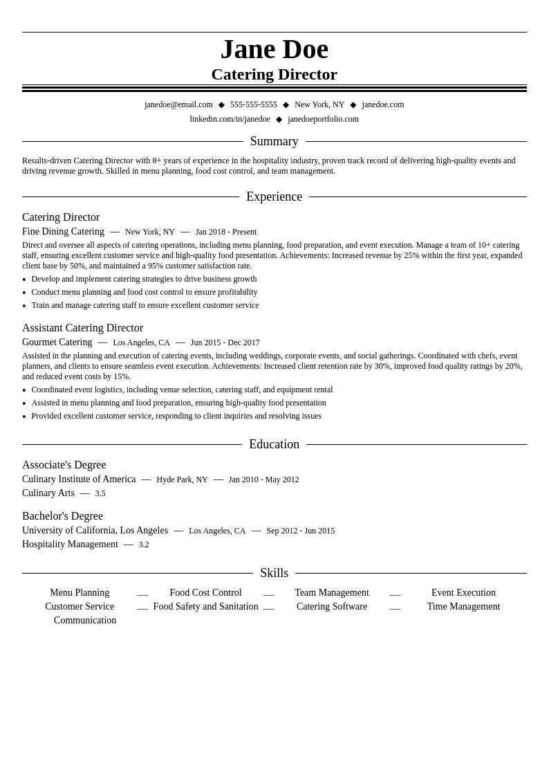 Catering Director resume example