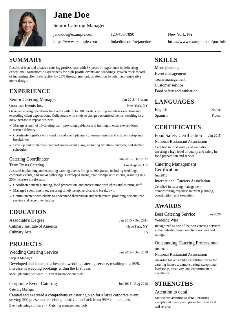Special Event Catering resume example