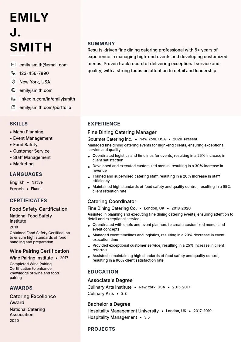 Fine Dining Catering resume example