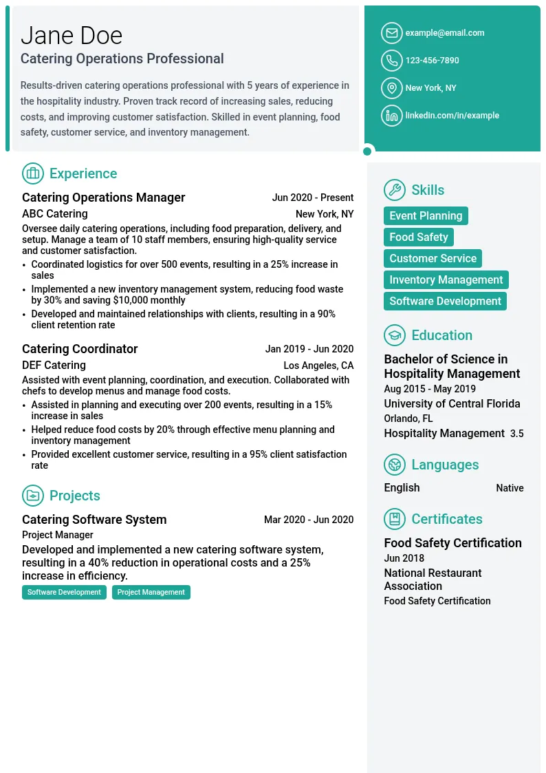 Catering Operations resume example