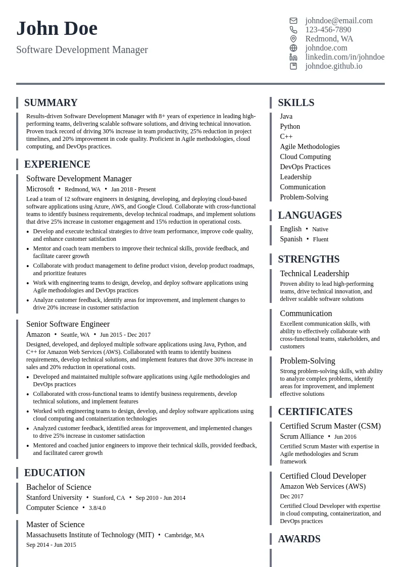 Software Development Manager resume example