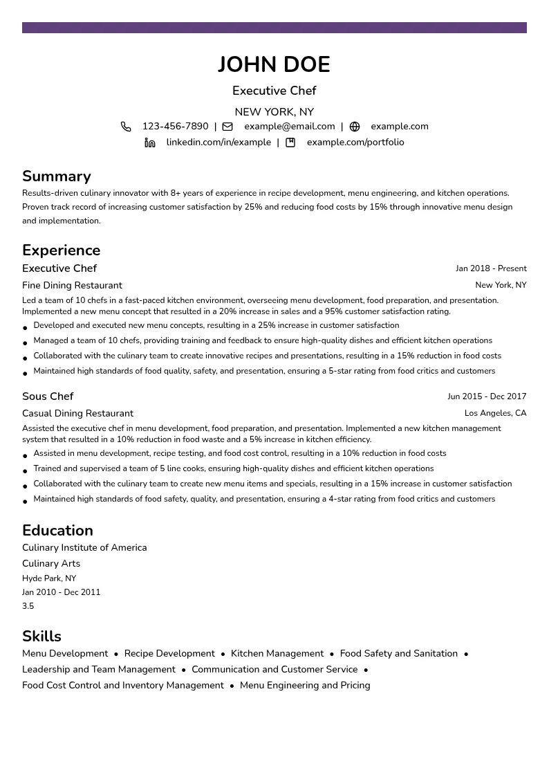 Culinary Innovation resume example