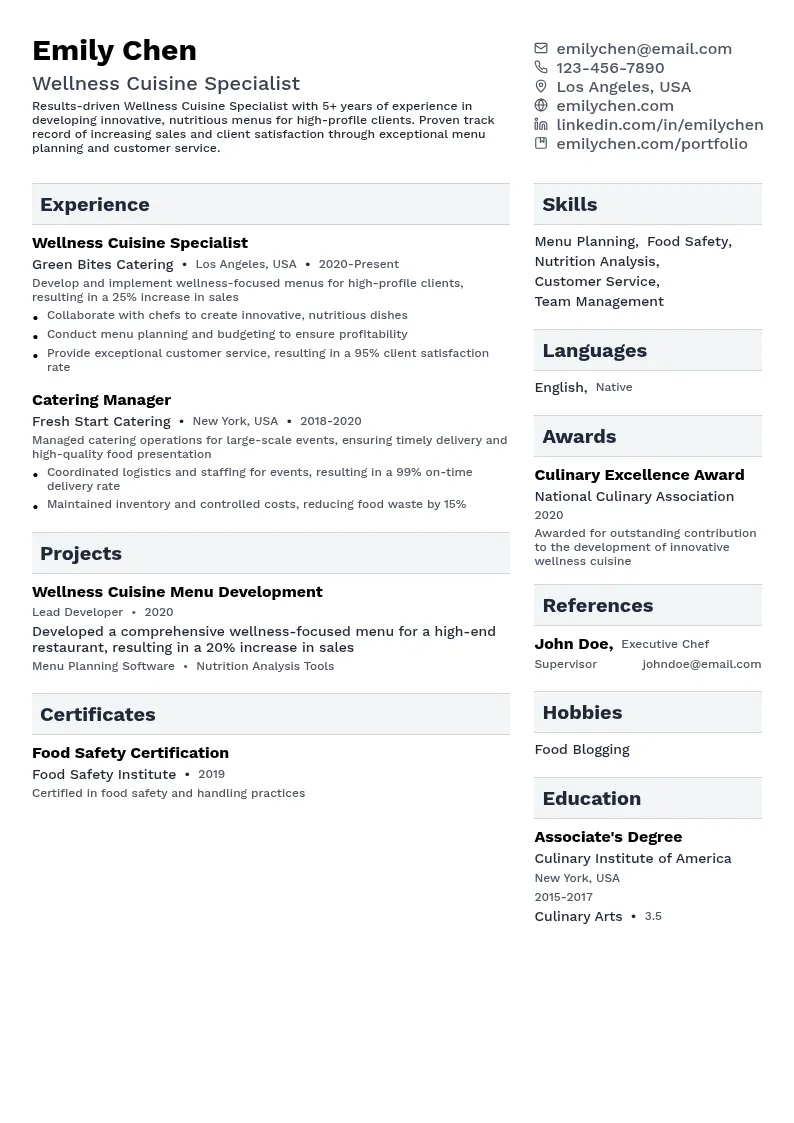 Wellness Cuisine Specialist resume example