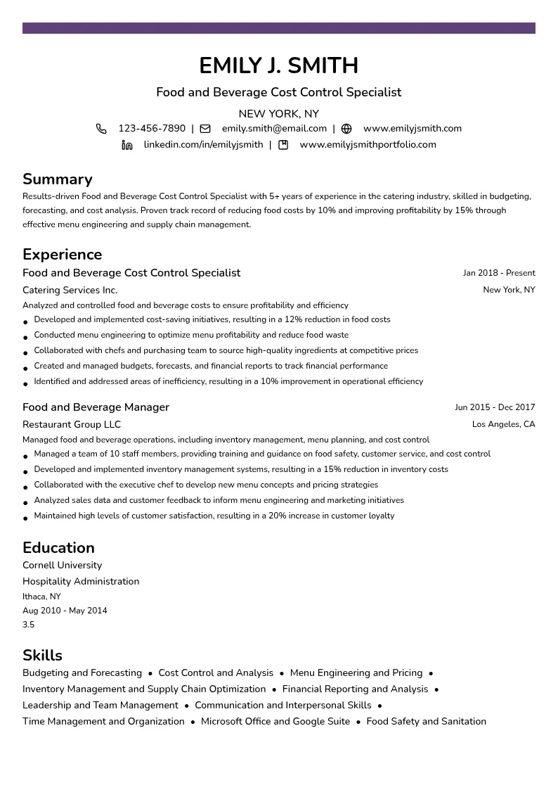 Food and Beverage Cost Control Specialist resume example
