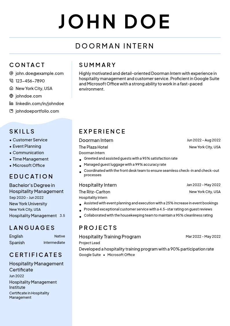 Doorman Intern resume example