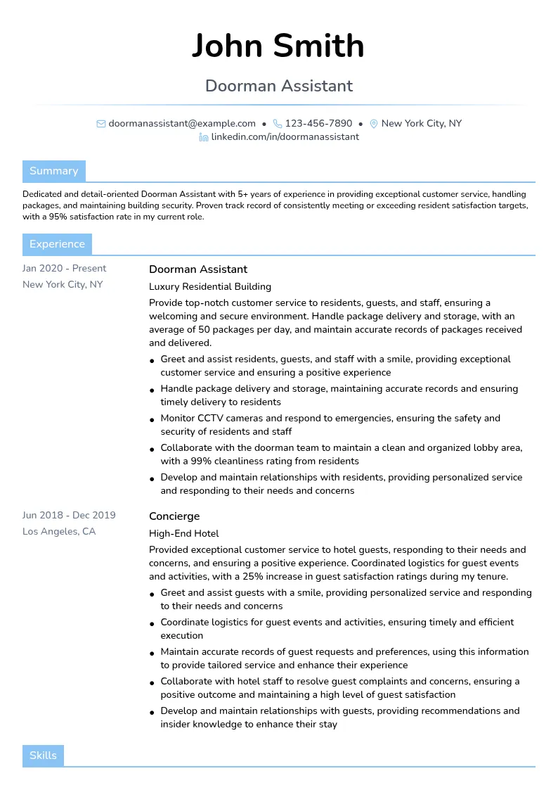 Doorman Assistant resume example