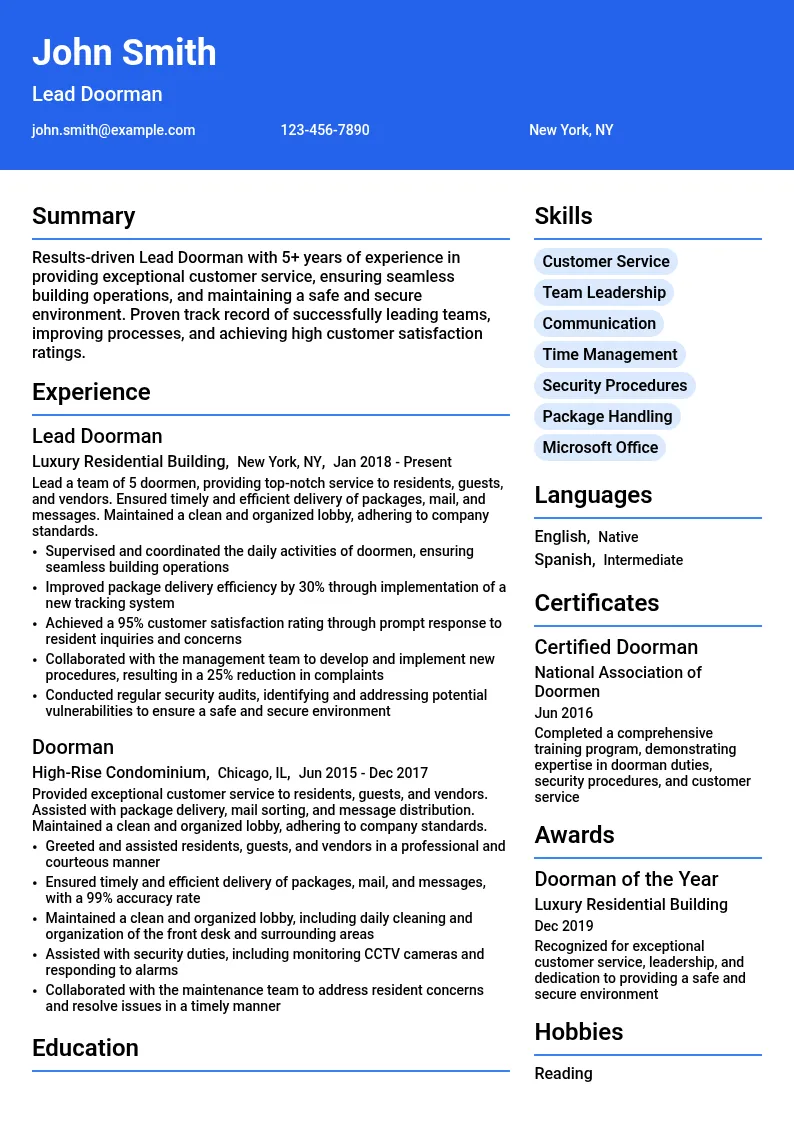 Lead Doorman resume example